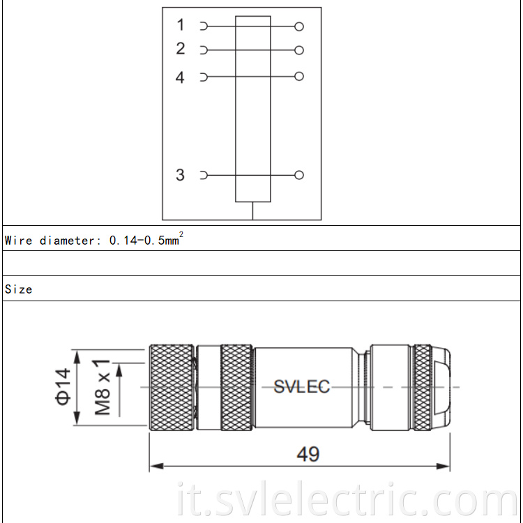 M8 female 4 pin connector size